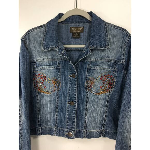 Neeso Denim Jean Jacket Womens 1X‎ Lightweight Cropped Embellished Embroidered - Picture 1 of 9